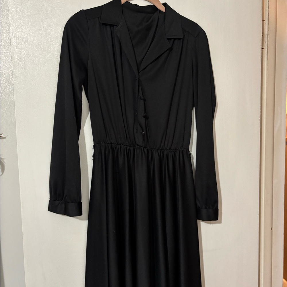 Sears Black Pleated Tie Front Long Sleeve Dress
